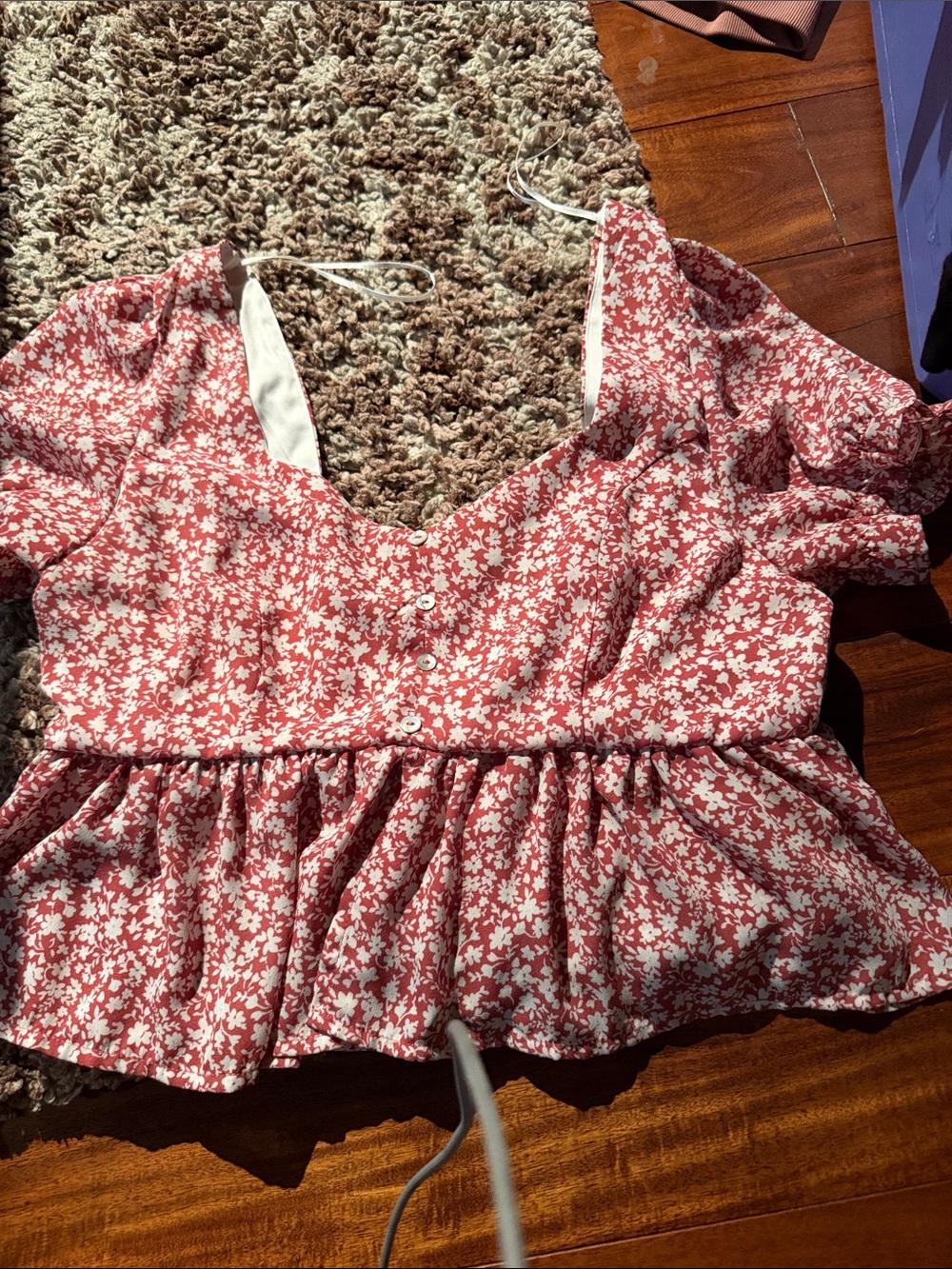 Love Tree Rose-Pink Floral Puff Sleeve Peplum Top